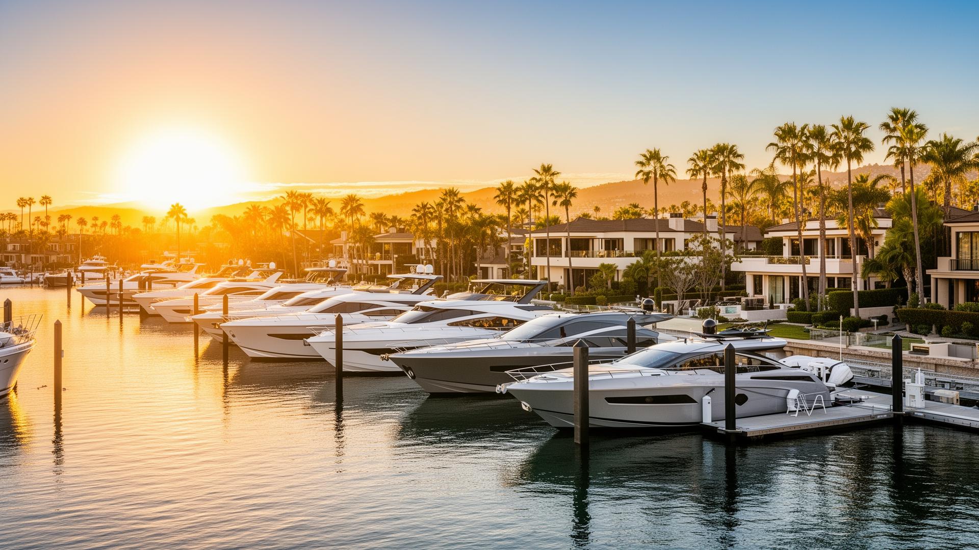 Southern California marina at sunset with luxury yachts